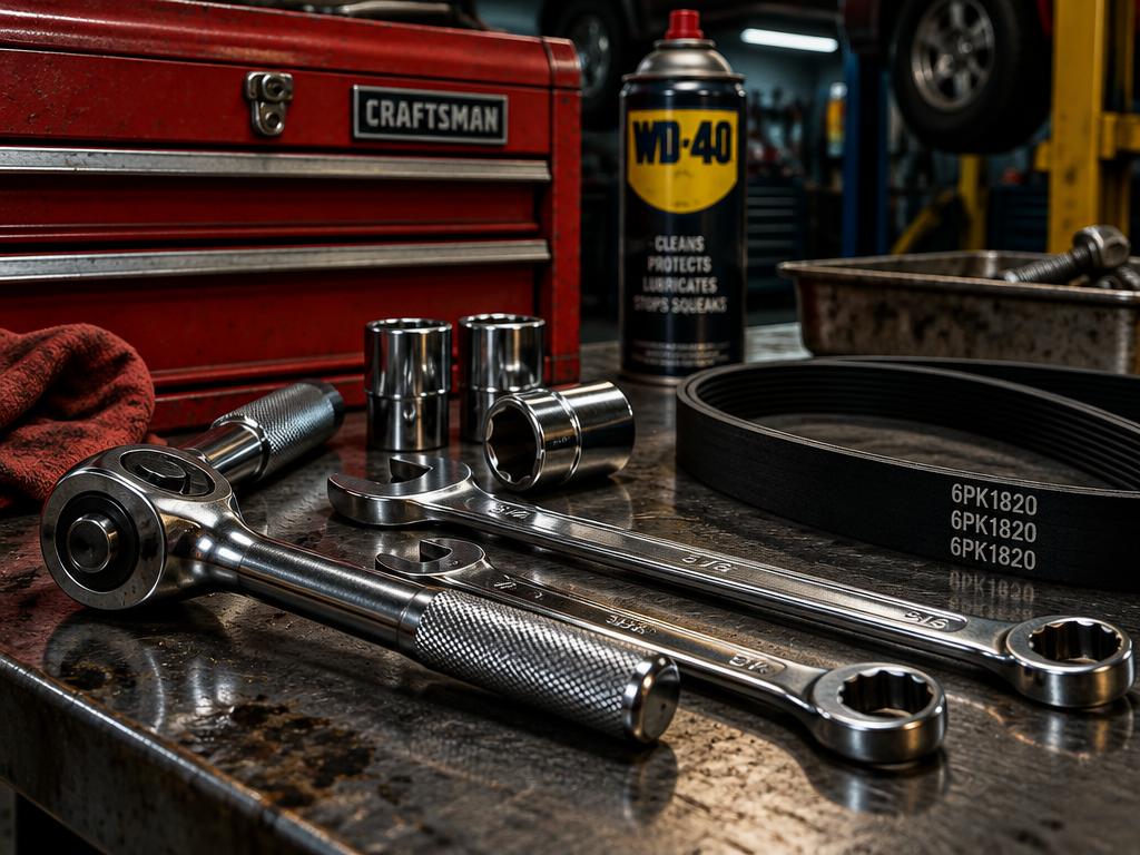 Auto repair tools and red toolbox on a steel workbench